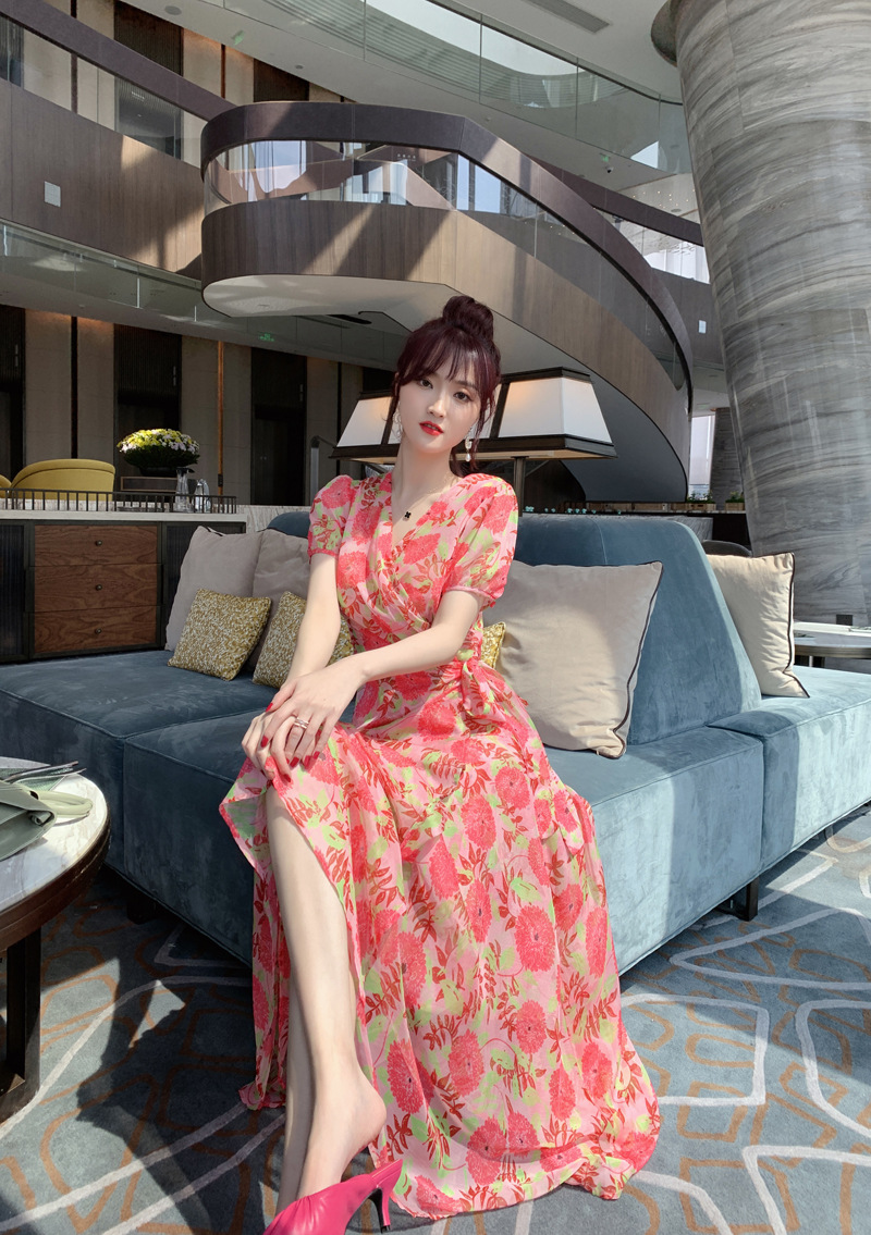 Đầm maxi nữ cổ V cao eo in họa tiết voan dài — Đỏ dưa hấu chi tiết 10