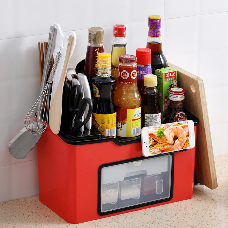 多功能厨房用品调料收纳盒置物架带盖调味瓶调味品罐四格一体套装|ms