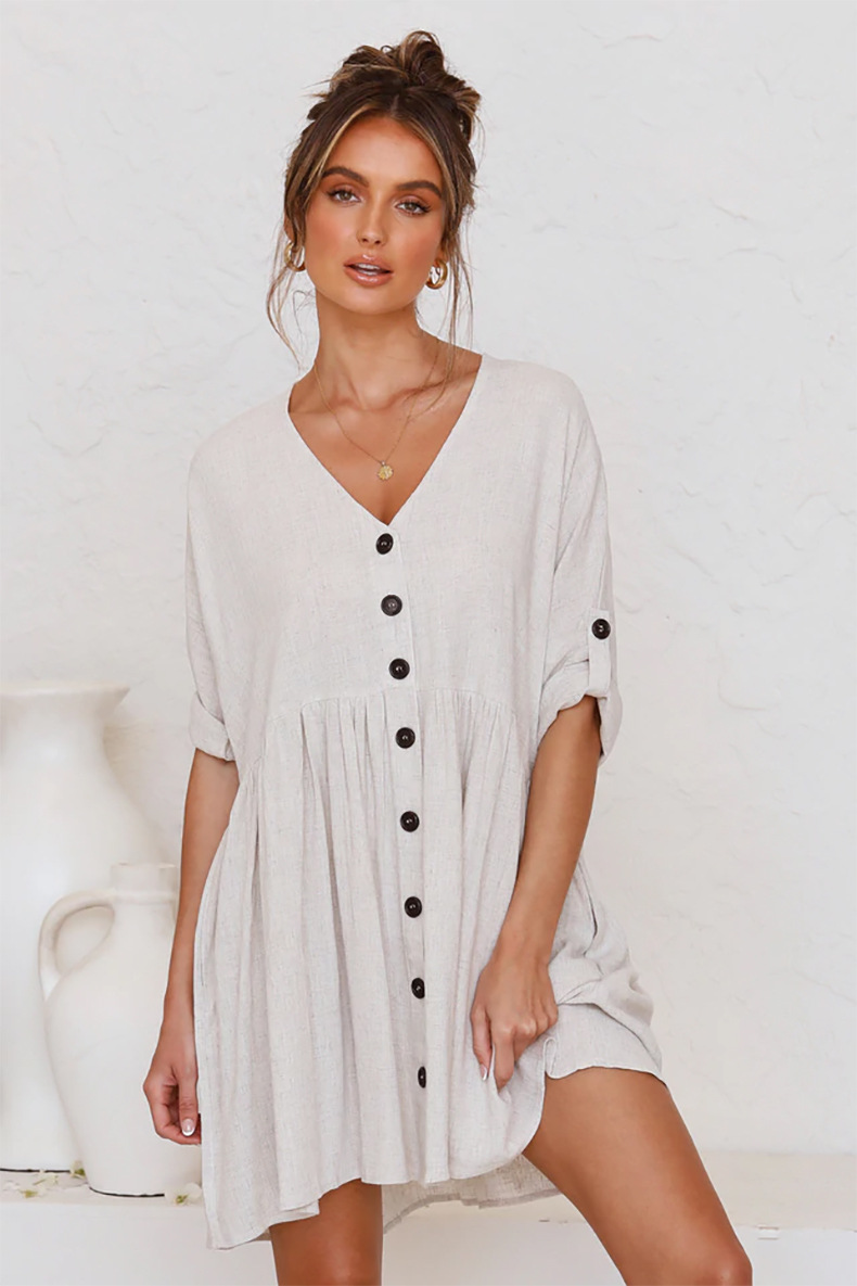 V-neck Buttoned Loose Fashion Dress NSHZ35767