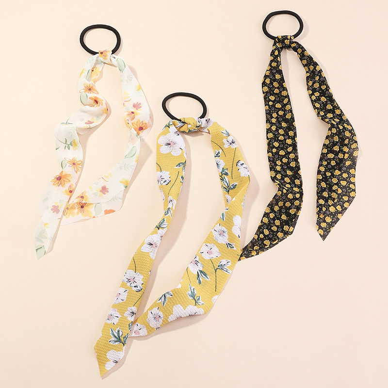 Fashion Chiffon Printing Small Flower Large Intestine Ring Streamer Head Rope Hair Scrunchies Set display picture 3