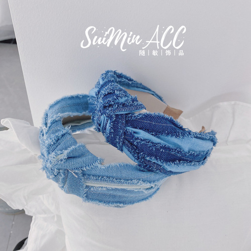 Korean style new fashion pleated brushed denim headband fabric wide-brimmed headband face wash hair cave hand-knotted hair bundle