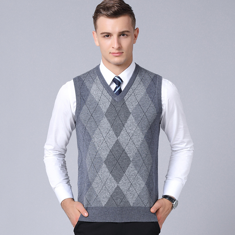 Autumn and Winter new men's knitted sweater vest middle-aged color matching wool thickened casual sleeveless vest men's V-neck