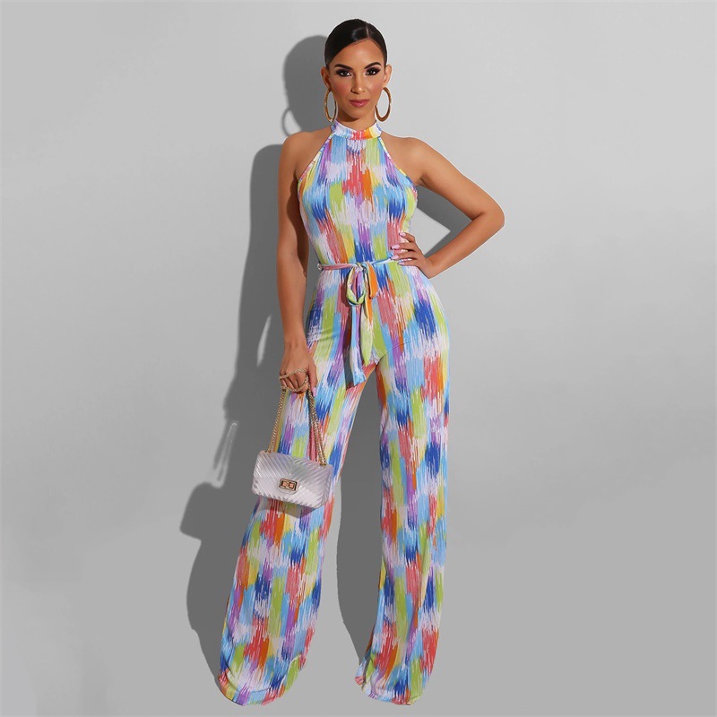 Printed sleeveless hanging neck lace-up wide-leg Jumpsuit NSXLY119205