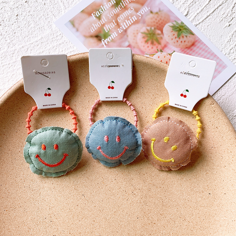 New Korean Fabric Hair Accessories Smile Face Hair Rope Embroidery Cute Children's Female Baby Headdress Tie Hair Accessory display picture 3