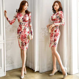 秋冬装新款韩版名媛气质抽褶V领时尚印花修身包臀连衣裙9072GT550