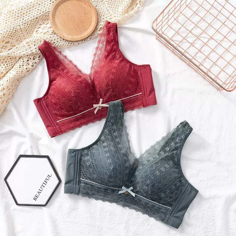 内衣女士聚拢调整型防外扩上托胸罩蕾丝花边少女胸罩大胸显小文胸