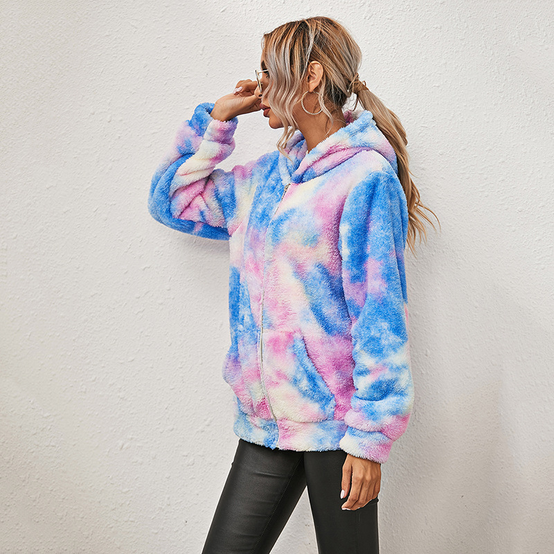 tie-dye printing long-sleeved hooded zipper velvet jacket   NSKX12294