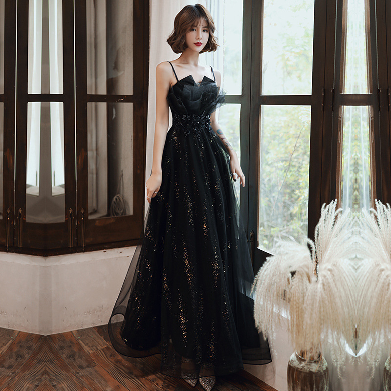 Evening Dress 2026 New Style Black Long Spaghetti Strap Evening Dress Backless Dress Hostess Spaghetti Strap Evening Dress for Women
