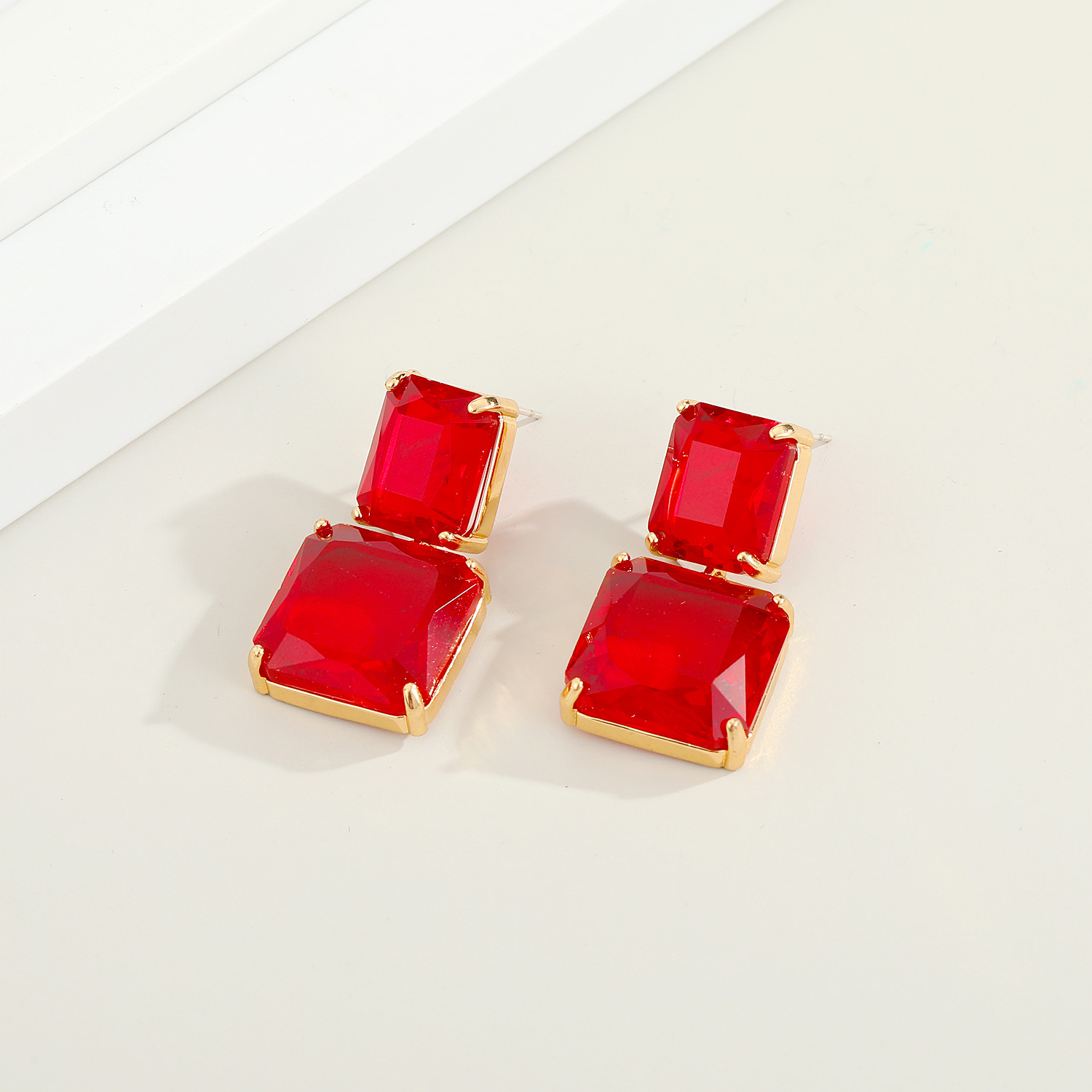 Korean Colorful Glass Square Crystal Earrings display picture 5