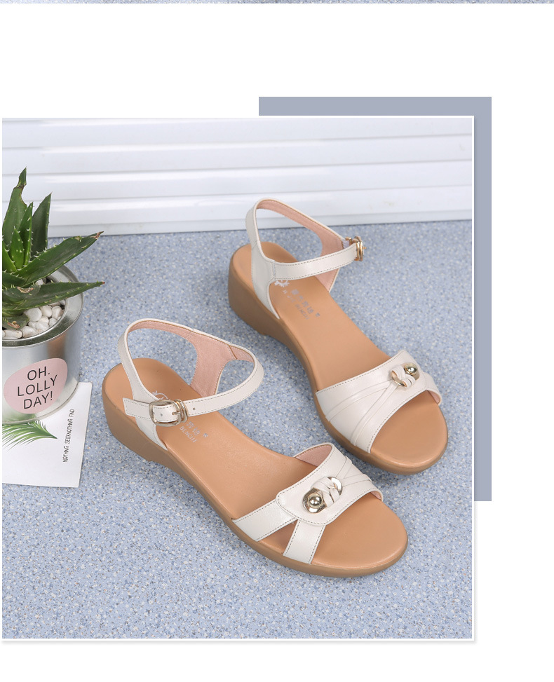 Sandal nữ đế bằng da thật mềm mại, quai chữ V đơn giản, phong cách trung niên — Màu đen chi tiết 17