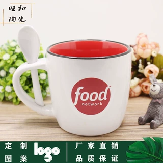 创意色釉插勺杯 鼓肚陶瓷杯 腰鼓插勺杯 带勺子咖啡杯牛奶杯定制