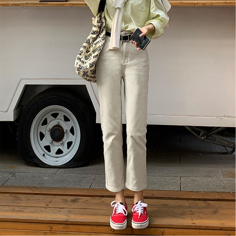 Beige Autumn Nine-point Women's Pants Small Straight Pants Eight-point High Waist Off-white Smoke Pants Wide-leg Jeans