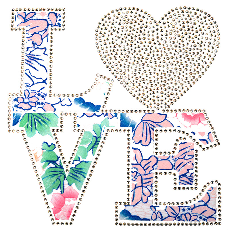 厂家激光蕾丝热转印烫图 LOVE烫钻烫图 平底印花服装布贴烫钻烫图