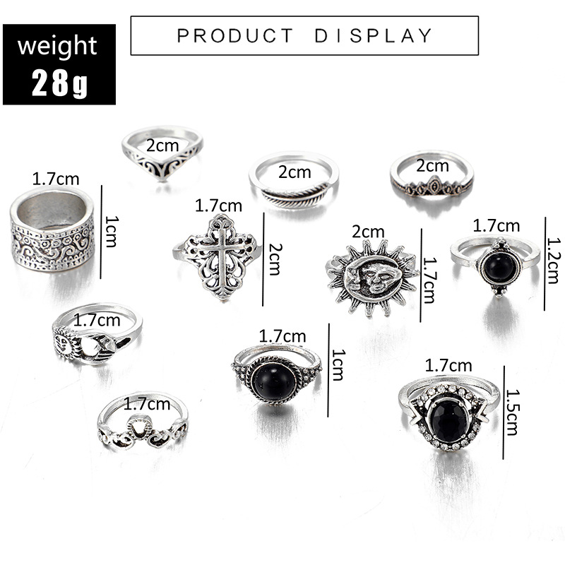 40g Weight Alloy Material Geometric Pattern Women'S Gender Plating Design Fashion Style Fashion Vintage Carved Sun Feather Cross Black Gem Ring 11 Piece Set Set 无