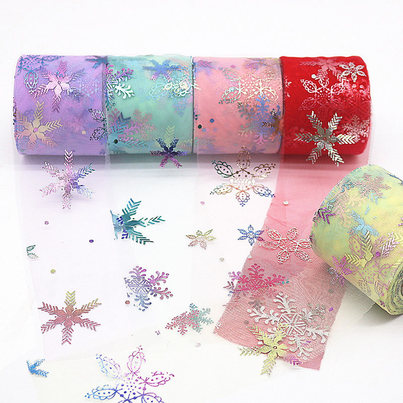 现货零售 6cm宽25码彩虹幻彩雪花网纱丝带蝴蝶结儿童发夹发饰配件