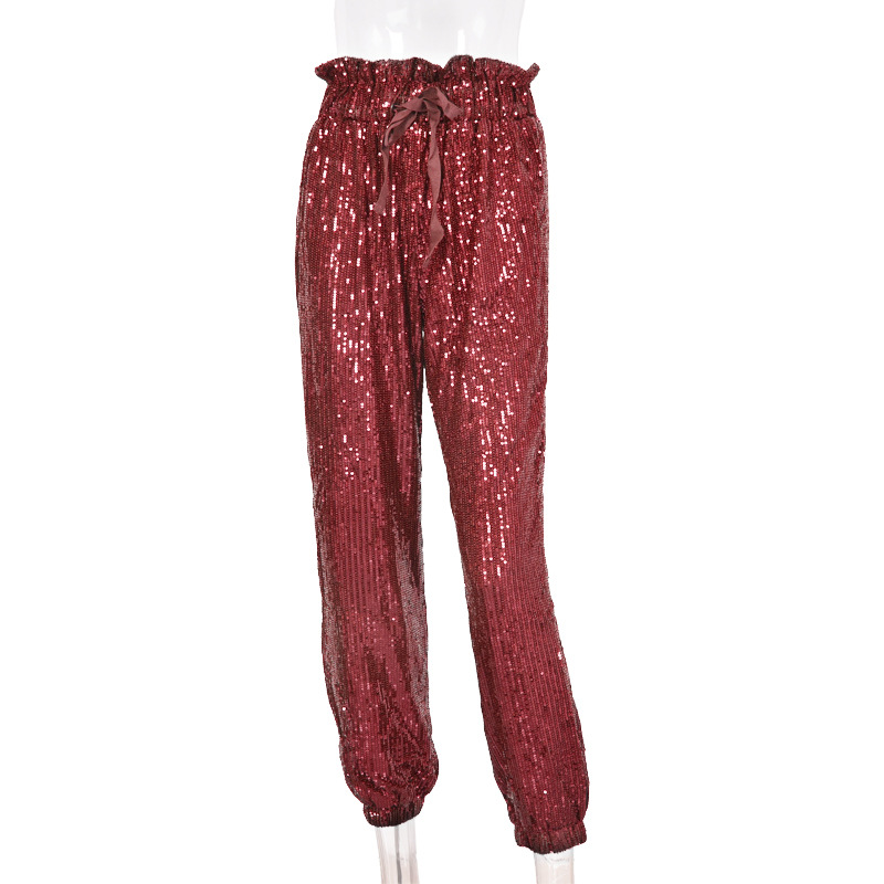 ruffled sequin drawstring high waist casual pants NSKL18726