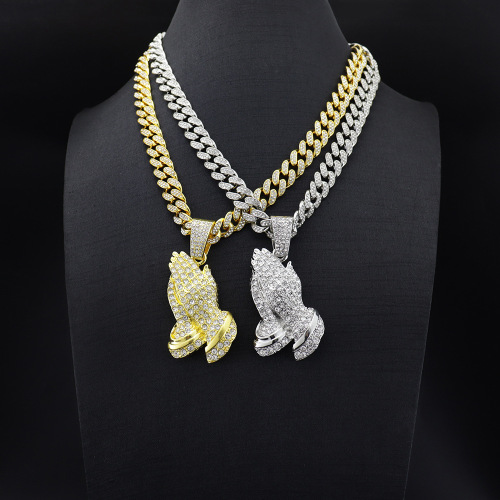 Euro-American minimalist influencer-style vintage hip-hop diamond-studded alloy necklace for trendy men, featuring a hiphop-inspired Buddha hand pendant.