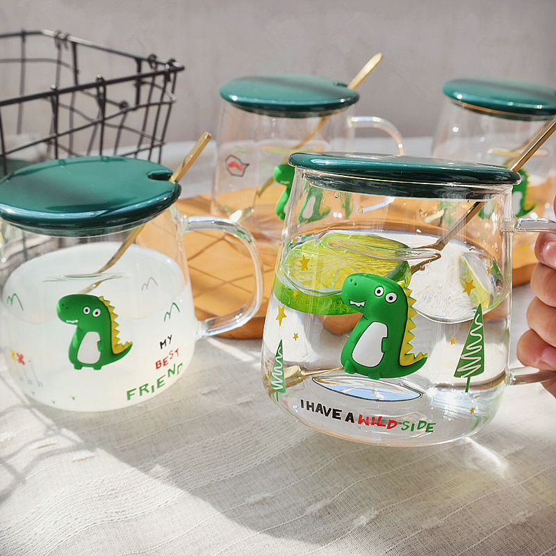 可爱恐龙耐热玻璃杯男女家用 ins高颜值带盖勺马克杯学生早餐水杯