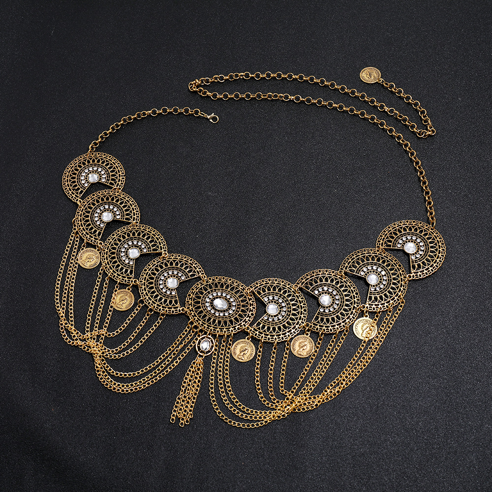 Women'S Gender Inlay Design Retro Style Retro Portrait Tassel Alloy Inlay Rhinestones Women's Chain Belts