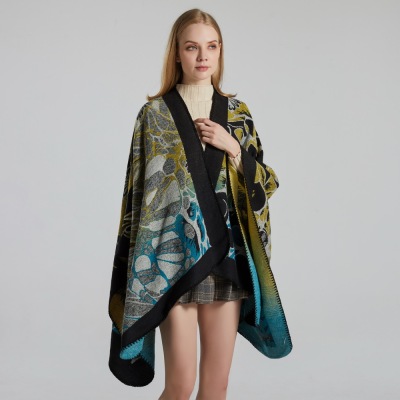 2020跨境热卖女士秋冬围巾披肩欧美风提花开叉仿羊绒加厚披肩斗篷