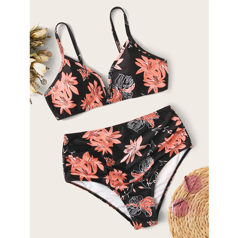 new sexy backless fashion color matching printed high waist split bikini NSHL23821