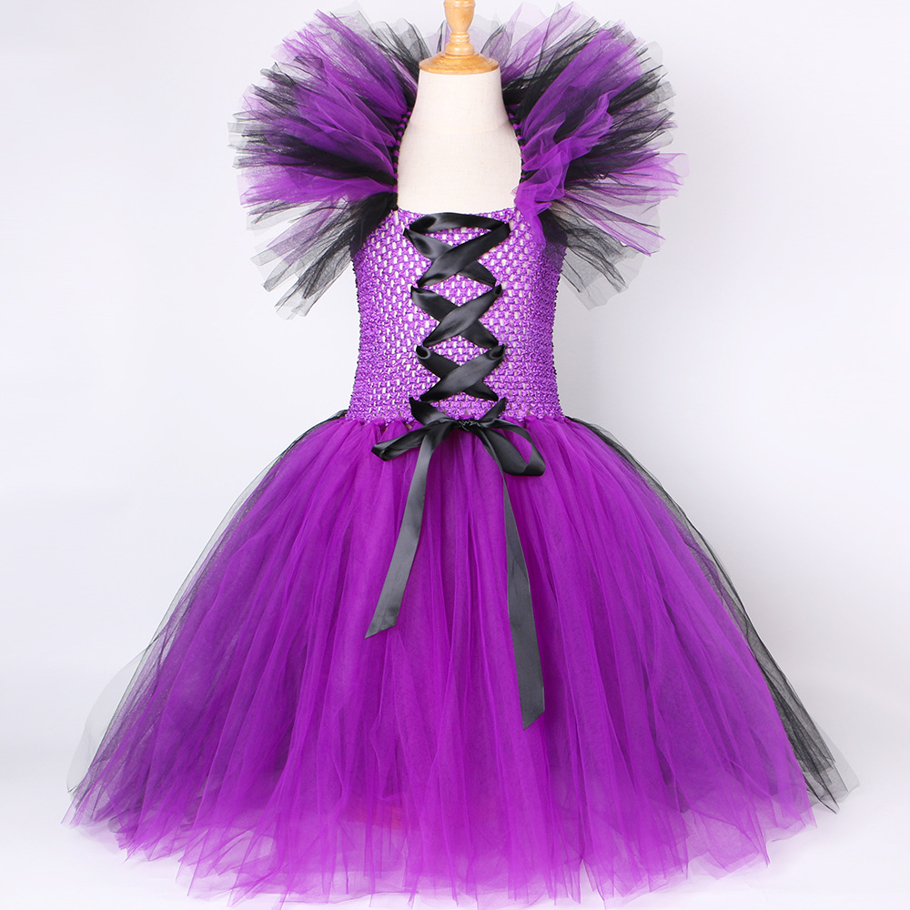 Abbigliamento per neonate Costume di Halloween Vestito da strega Vestito in tulle a rete viola e nero per bambine_voghion.com