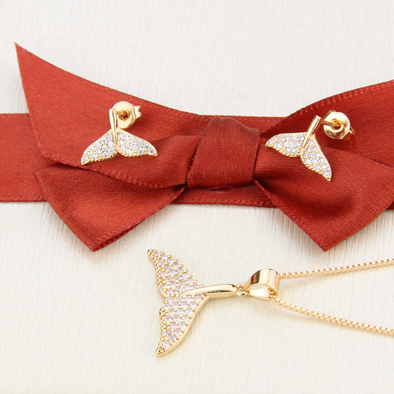 Wedding, Travel Occasion Inlaid Zirconium Fishtail Gold-plated Earrings Necklace Set