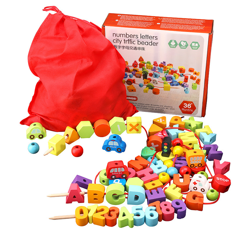 Venta caliente juguetes de madera educativos partículas grandes kindergarten enhebrado con cuentas niños educación temprana enhebrado cuerda bloques de construcción interactivos