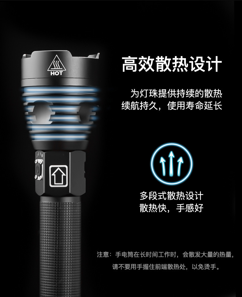 跨境XHP90强光手电筒 USB充电户外防水电量显示大功率LED手电筒详情10