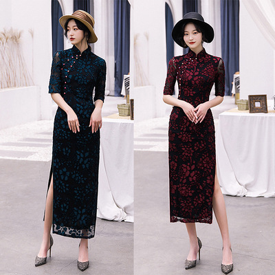 Chinese Dress cheongsam for womenSexy double-layer bud high slit retro performance ceremonial cheongsam