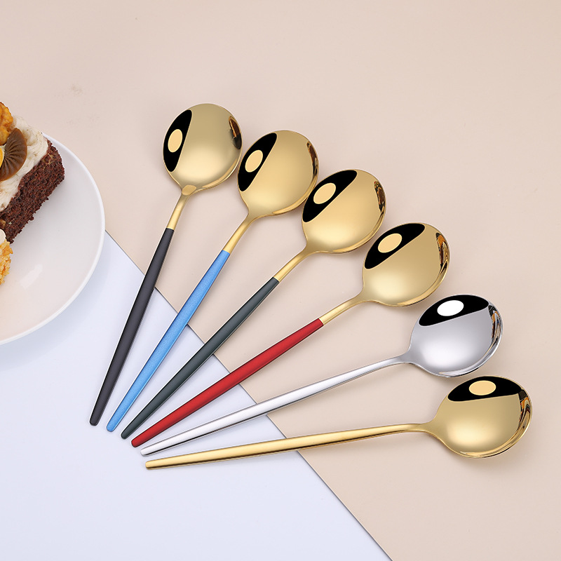 304不鏽鋼扁柄葡萄牙勺叉西餐具叉子 長柄調羹攪拌勺可定制logo