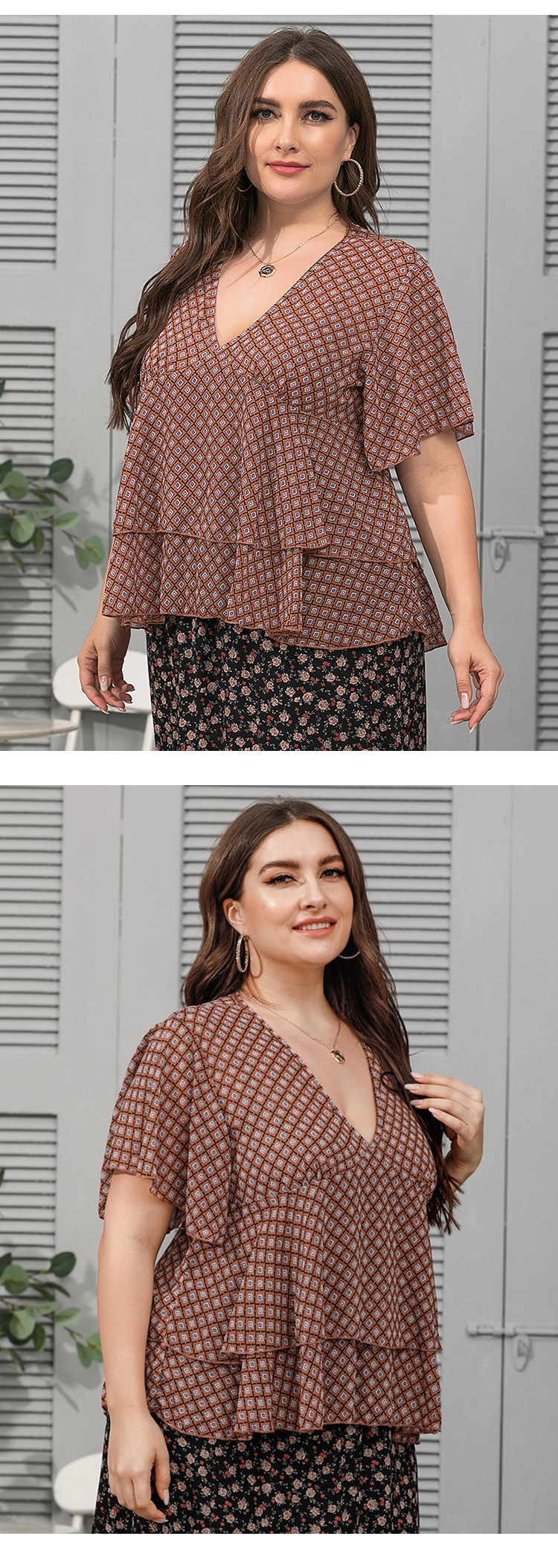 Plus Size Sexy V-Neck Ruffled Loose Chiffon T-Shirt NSJR17184