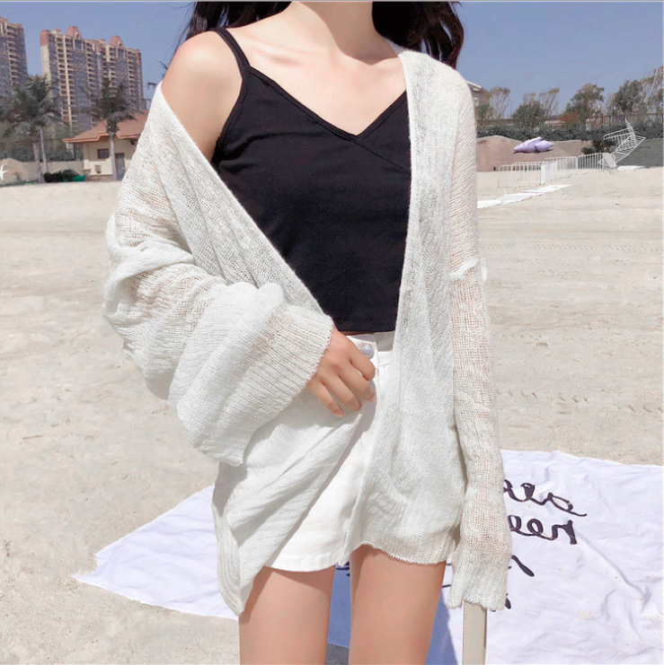 Chaqueta corta de punto estilo coreano, holgada, fina, versátil, adelgazante, con protección solar, para verano 2025, tipo cárdigan de manga larga, camisa tipo chal para aire acondicionado