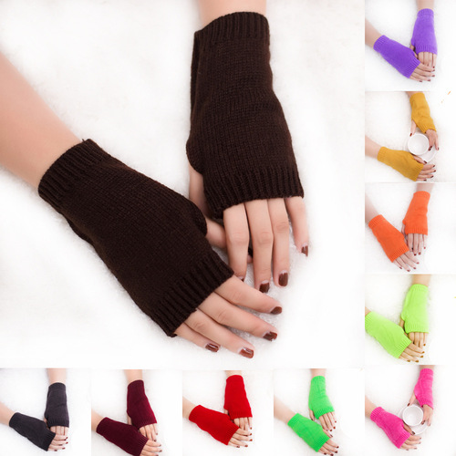 Cross-border new style thickened woolen warm gloves fluorescent color gloves candy half-finger gloves winter fingerless gloves color