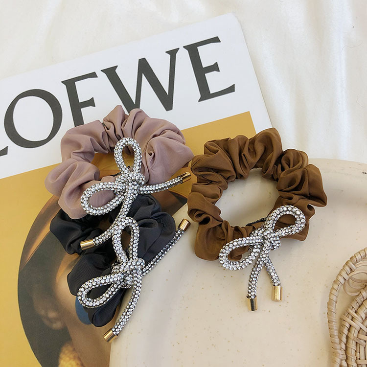 Korean  Bow  Rhinestone Folds Satin Hair Scrunchies display picture 1