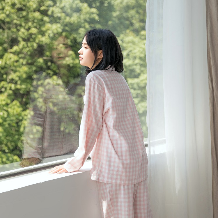 純棉居家服斜紋絨布睡衣女士翻領全棉色織格子棉絨套裝家居服