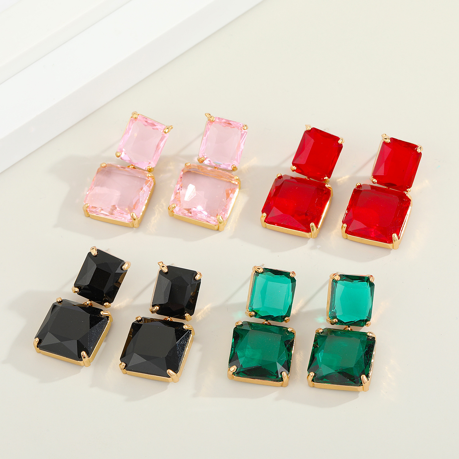 Korean Colorful Glass Square Crystal Earrings display picture 6