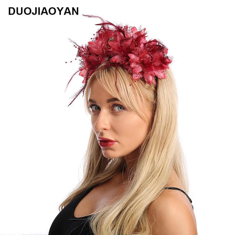 New Red Fabric Flower Feather With Skull Plastic Headband Halloween Headdress Factory Direct Sales display picture 5