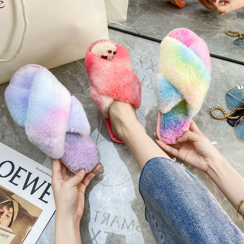 Women's autumn and winter fashionable furry slippers colorful cross open toe cotton slippers Amazon wish specializes in large size home furry slippers