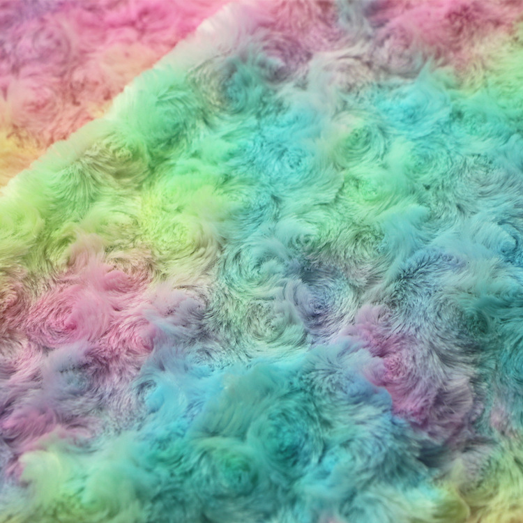 PV绒扎染针织经编全涤漩涡磨花磨圈拧花七彩扎染印花长毛绒PV绒布