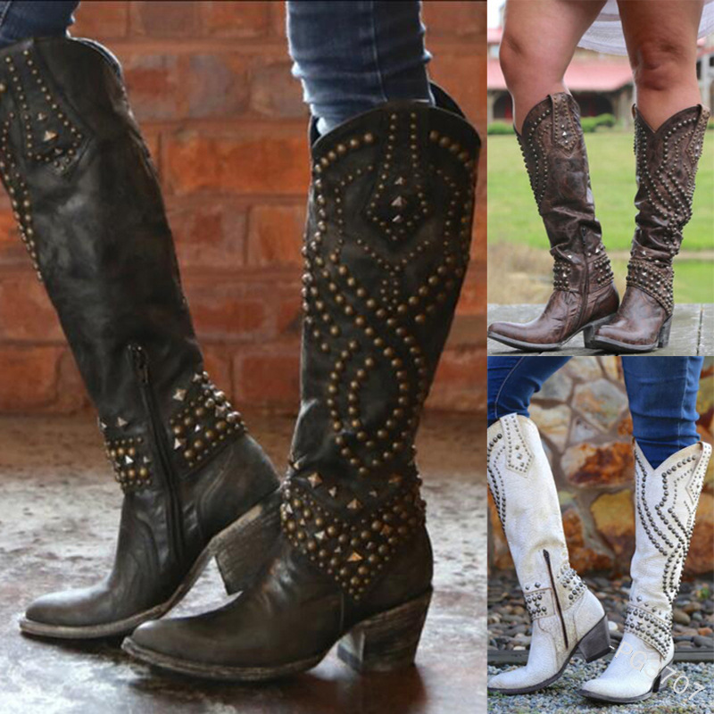 Cross-border Foreign Trade Women's Long Boots Mid-heel Pointed Thick-heel Knight Boots European and American Fashion Rivet Women's Shoes PG3707