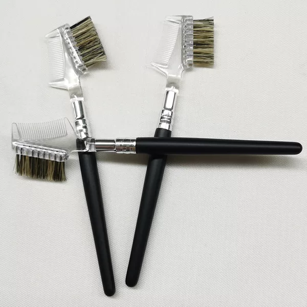 Hot sale factory direct sales animal hair flower bristle bright silver double drum aluminum tube matte black solid wood handle eyebrow brush dual-use eyebrow comb