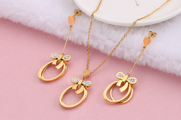Japanese and Korean New Fresh Fashion Titanium Steel Bow Geometric Hollow Necklace Earrings Womenu00