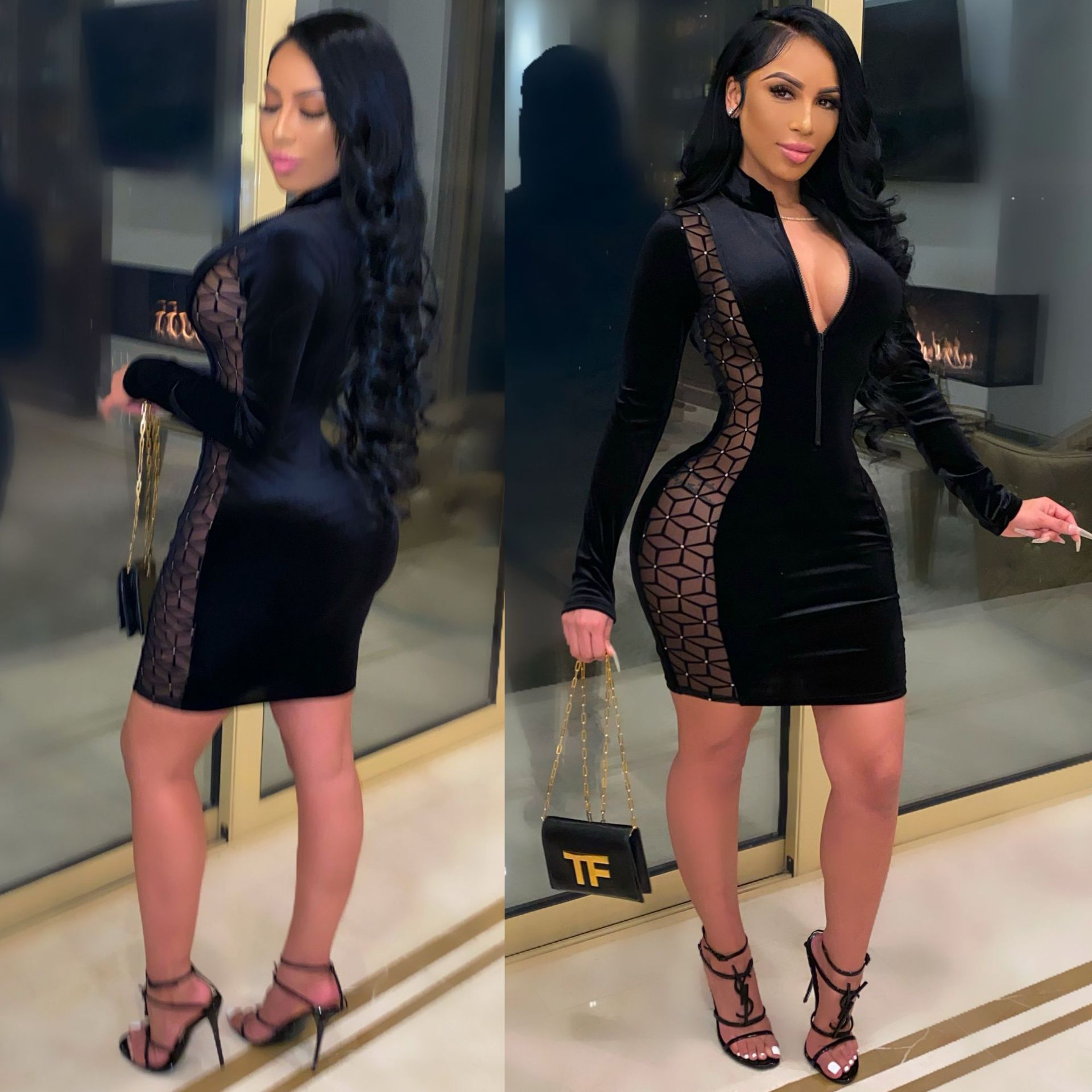 新款跨境女装CY1313ebay亚马逊wish欧美网布绒布拼接拉链连衣裙