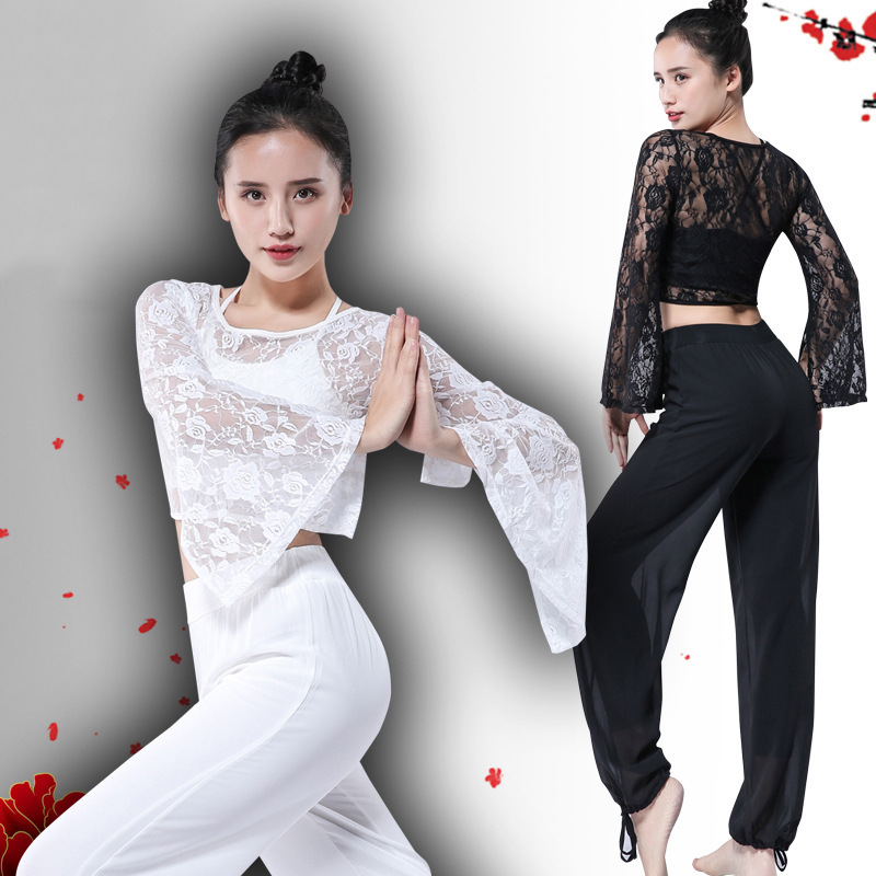 Women yoga dance practice clothes set female adult folk dance clothes black  gauze pants modal modern folk dance clothes