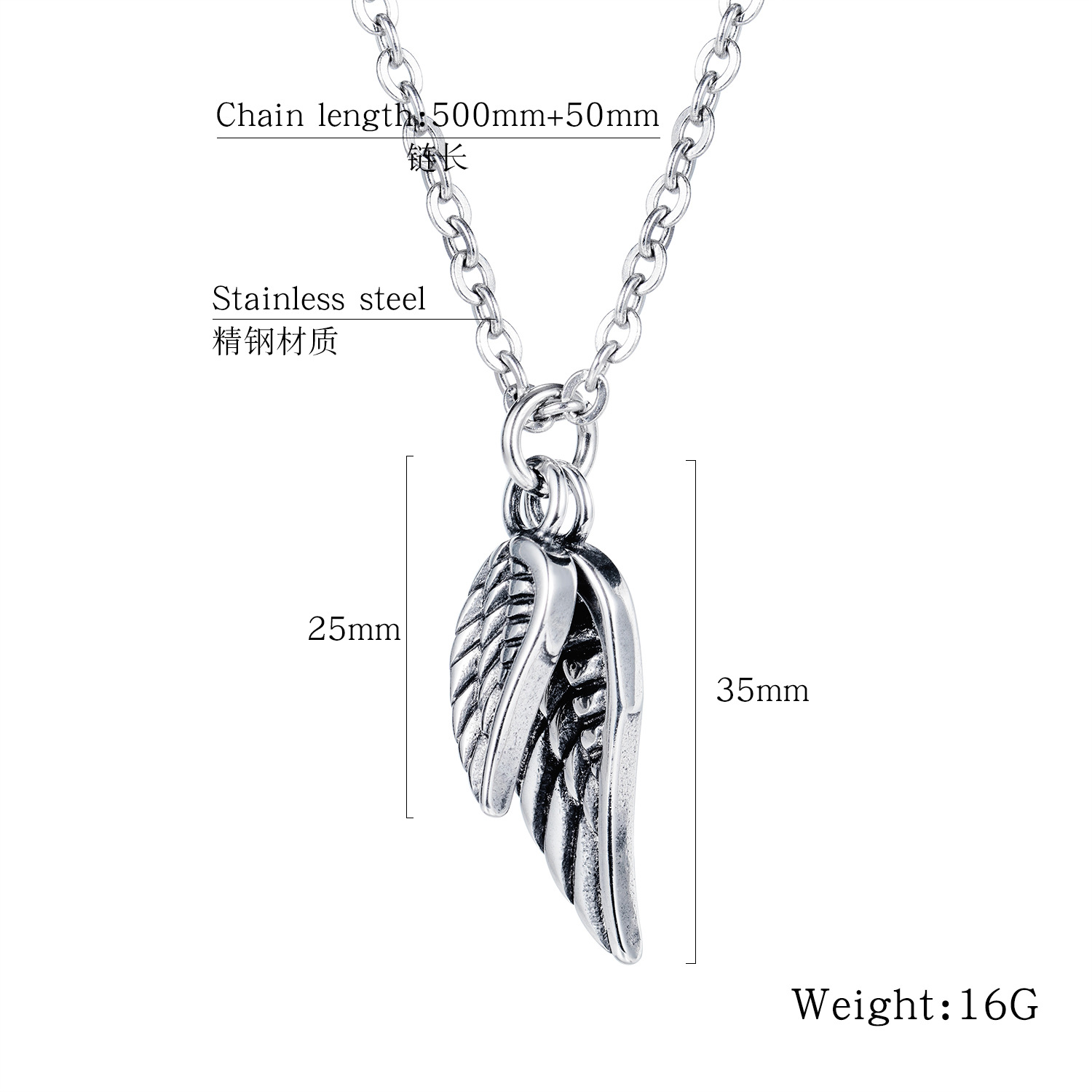 Hot Sale Men's Feather Necklace Hip-hop Trend Titanium Steel Angel Wings Necklace Wholesale display picture 1