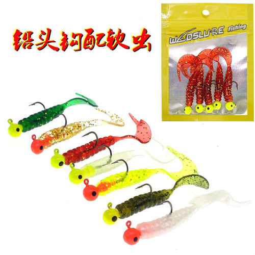 Multi-color curly tail lead head hook hanging soft worm 5cm soft worm 5/bag Luya Texas fishing group package lead fish lead hook fish