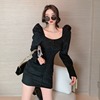 Autumn long sleeve square neck style dress solid color waistband slim A-line skirt