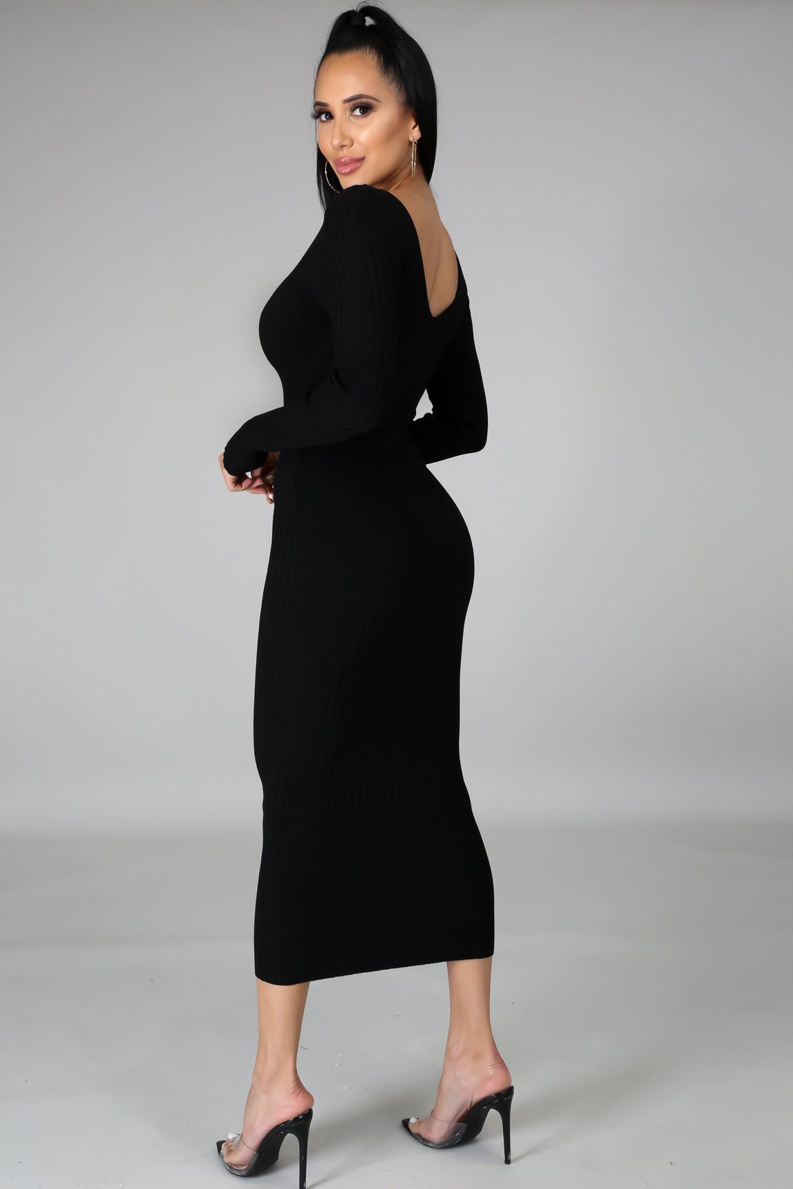 Solid Color Long-Sleeved V-Neck Dress NSXHX99665