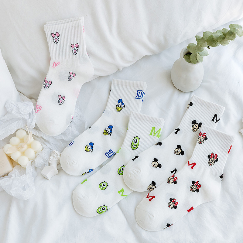2020 Spring New Arrival Women's Socks with Cartoon Mickey and Minnie Mouse Heads, Cotton Socks in Japanese Campus Style Mid-Calf Socks